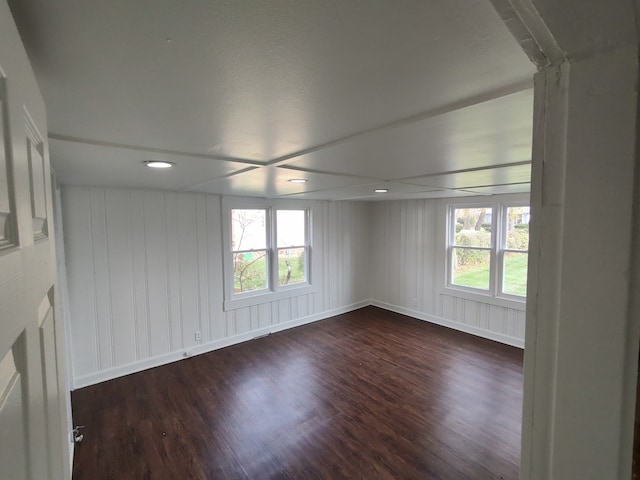 unfurnished room with wooden walls, a healthy amount of sunlight, and dark hardwood / wood-style floors