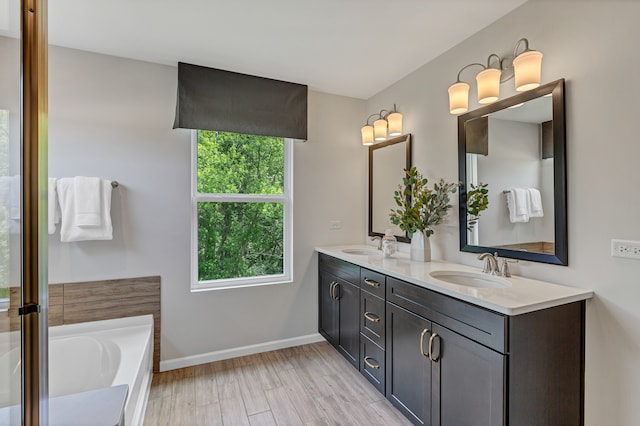 bathroom with a tub, vanity, and hardwood / wood-style flooring