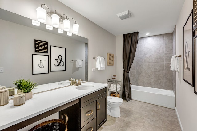 full bathroom with vanity, tile patterned flooring, shower / bathtub combination with curtain, and toilet