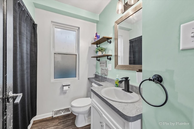 bathroom with vanity, wood-type flooring, and toilet