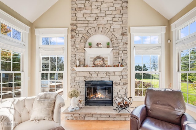 living room with a fireplace, wood-type flooring, and vaulted ceiling