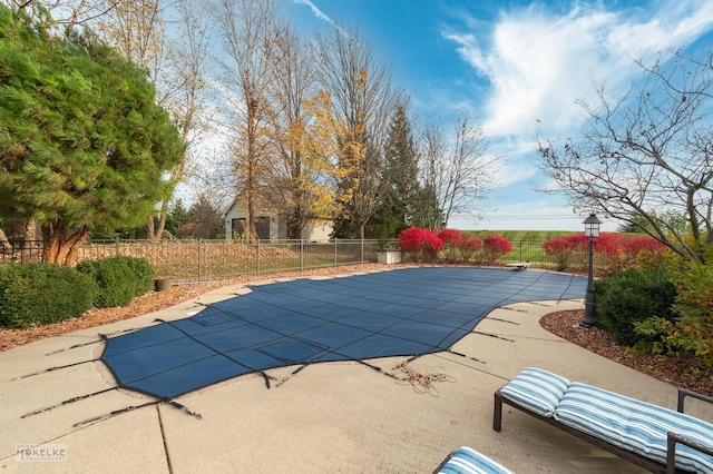 view of pool with a diving board and a patio