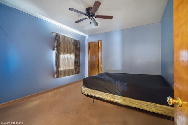 bedroom featuring carpet floors, ceiling fan, and ornamental molding