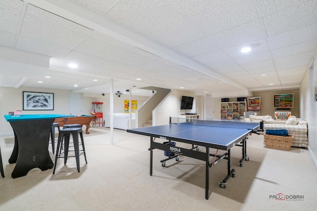 recreation room featuring a paneled ceiling, light colored carpet, and pool table