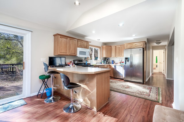 kitchen featuring kitchen peninsula, stainless steel appliances, a wealth of natural light, and dark wood-type flooring