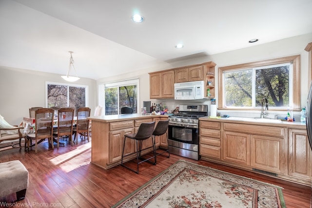 kitchen with dark hardwood / wood-style flooring, decorative light fixtures, plenty of natural light, and stainless steel gas range