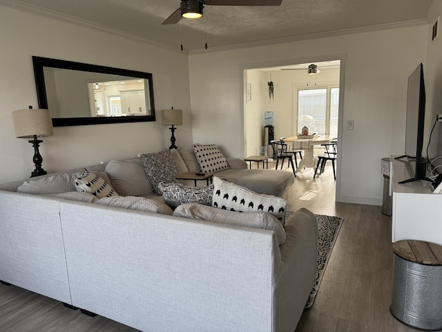 living room featuring a textured ceiling, hardwood / wood-style flooring, ceiling fan, and crown molding