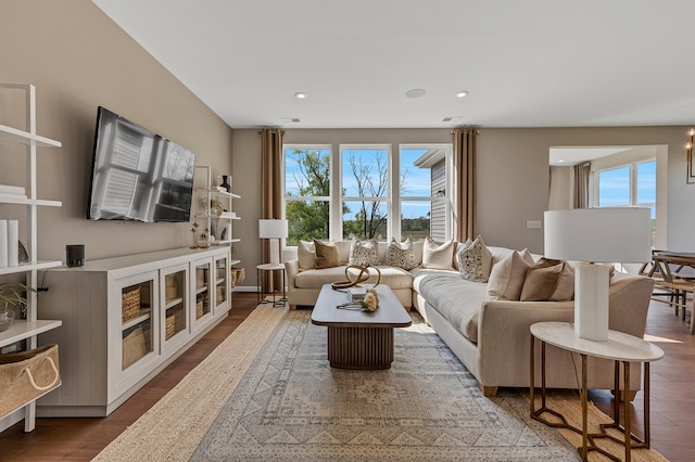 living room with a wealth of natural light and hardwood / wood-style floors