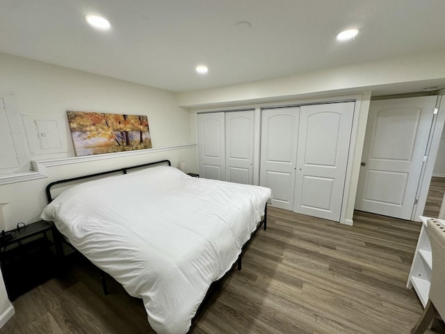 bedroom featuring lofted ceiling, dark wood-type flooring, and a closet