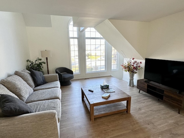 living room featuring light hardwood / wood-style flooring and a wealth of natural light