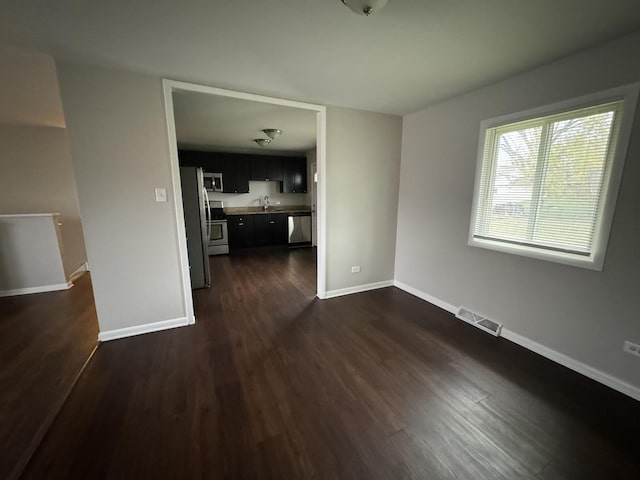 unfurnished living room with sink and dark wood-type flooring