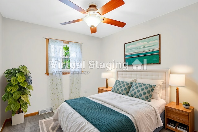 carpeted bedroom featuring ceiling fan