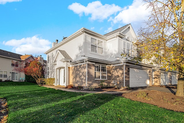 view of front of house with an attached garage, a front lawn, brick siding, aphalt driveway, and a chimney