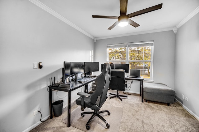 office featuring carpet floors, ceiling fan, ornamental molding, and baseboards