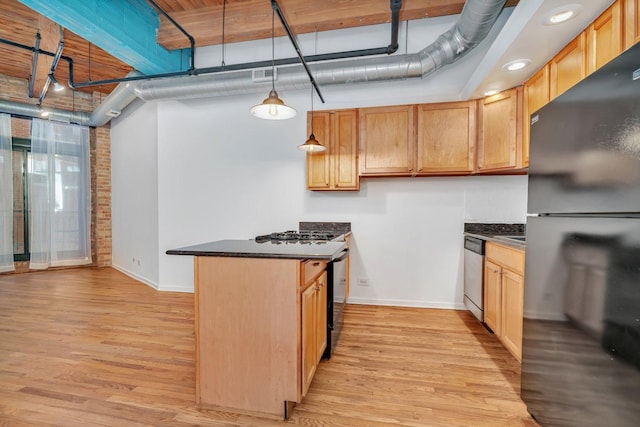 kitchen featuring dishwasher, light brown cabinets, black refrigerator, hanging light fixtures, and light hardwood / wood-style flooring