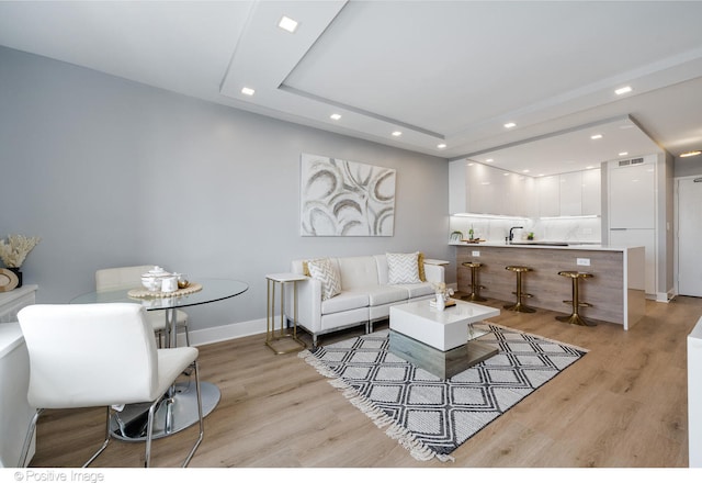 living room featuring light hardwood / wood-style floors and sink