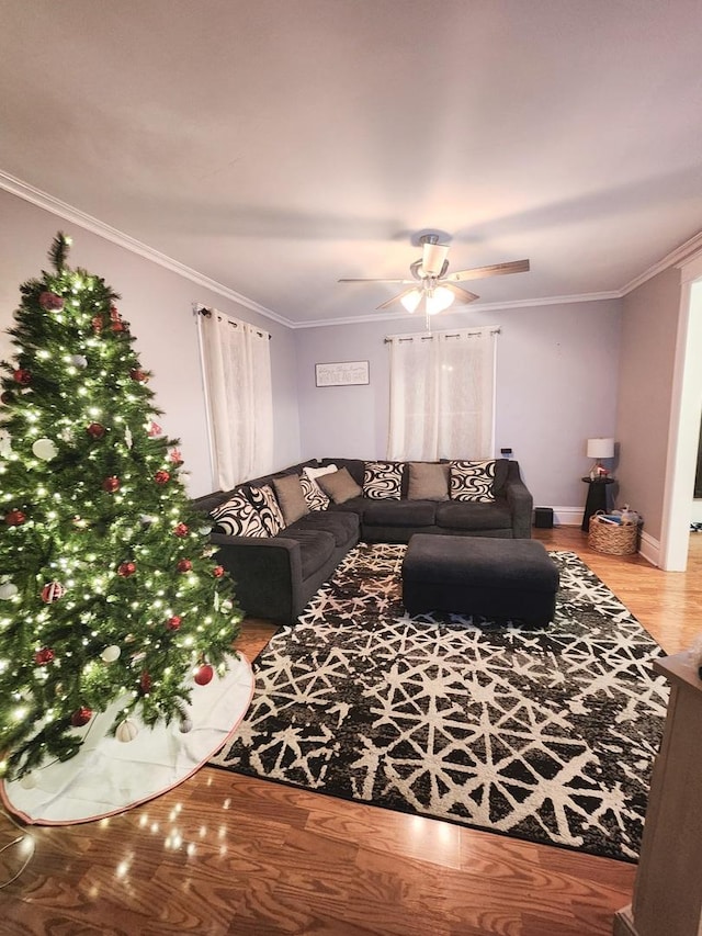 living room with hardwood / wood-style flooring, ceiling fan, and crown molding