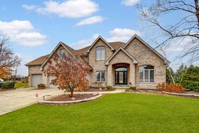 french provincial home featuring a garage and a front yard