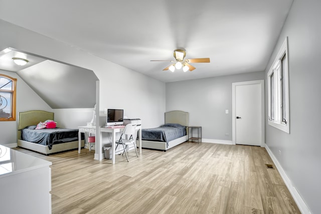 bedroom with light wood finished floors, lofted ceiling, visible vents, ceiling fan, and baseboards