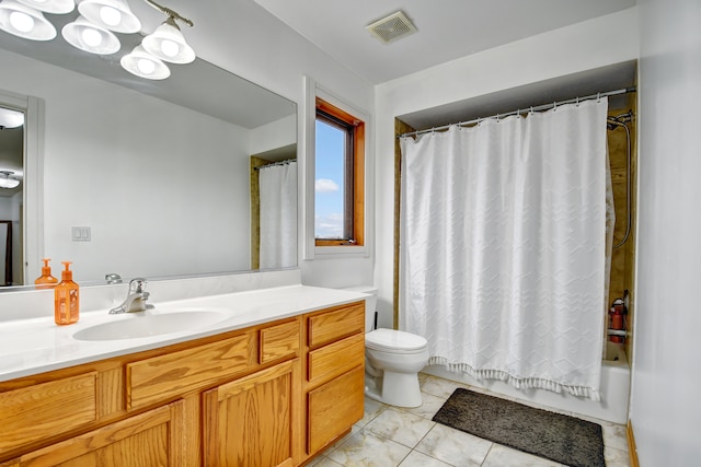 full bath with toilet, shower / bath combo, visible vents, and vanity