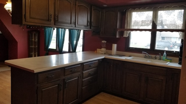 kitchen with kitchen peninsula, dark brown cabinetry, light hardwood / wood-style flooring, and sink