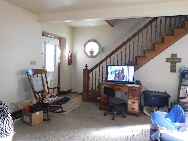 office area with beamed ceiling and carpet floors