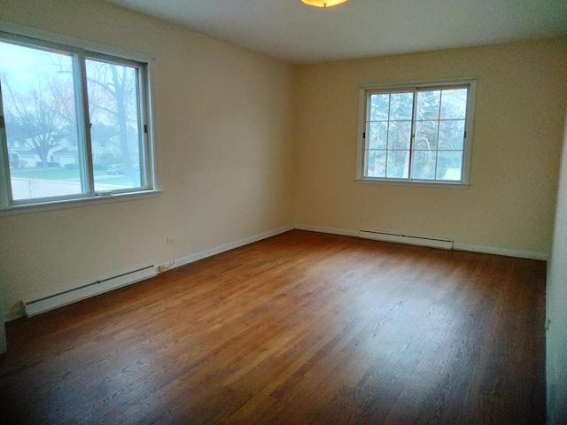 unfurnished room featuring dark hardwood / wood-style flooring and baseboard heating