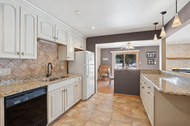 kitchen featuring white cabinetry, dishwasher, sink, and white fridge