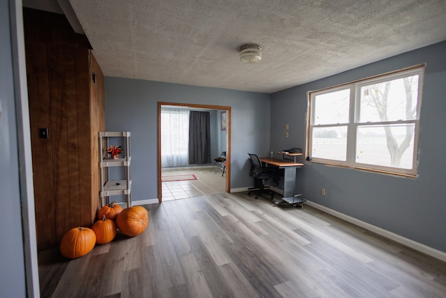 miscellaneous room featuring a textured ceiling, light wood-type flooring, and a healthy amount of sunlight