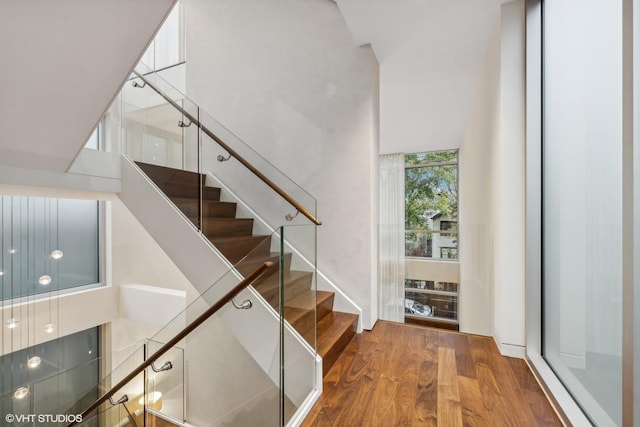 stairway with a high ceiling and wood finished floors