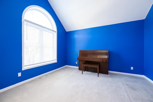 miscellaneous room with light carpet and vaulted ceiling