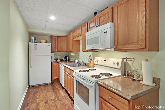 kitchen featuring sink, white appliances, a paneled ceiling, and dark hardwood / wood-style floors