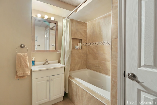 bathroom with vanity and shower / bath combo with shower curtain