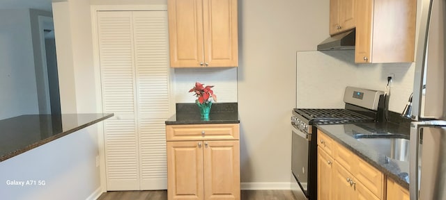 kitchen with light brown cabinets, dark hardwood / wood-style flooring, stainless steel appliances, and dark stone countertops