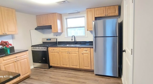 kitchen featuring light hardwood / wood-style floors, sink, stainless steel appliances, and light brown cabinets