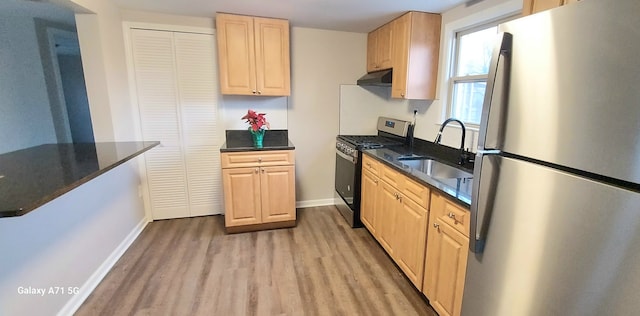 kitchen with light brown cabinetry, sink, stainless steel appliances, and light hardwood / wood-style floors