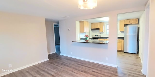 kitchen featuring stainless steel fridge, stove, light hardwood / wood-style flooring, and light brown cabinetry