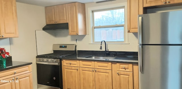 kitchen with appliances with stainless steel finishes, light brown cabinetry, dark stone counters, and sink