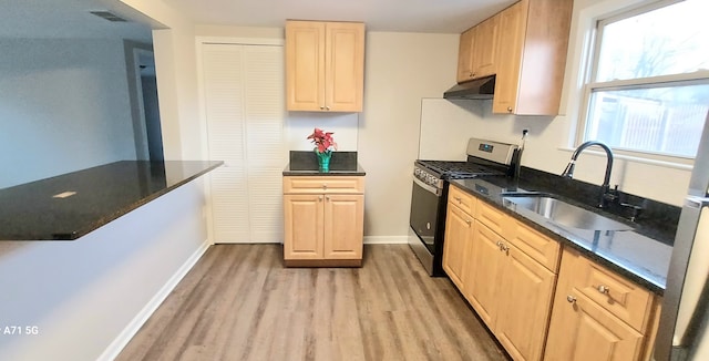 kitchen featuring light brown cabinetry, sink, light wood-type flooring, and stainless steel range with gas stovetop