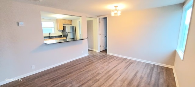 interior space featuring sink, hardwood / wood-style floors, and a notable chandelier