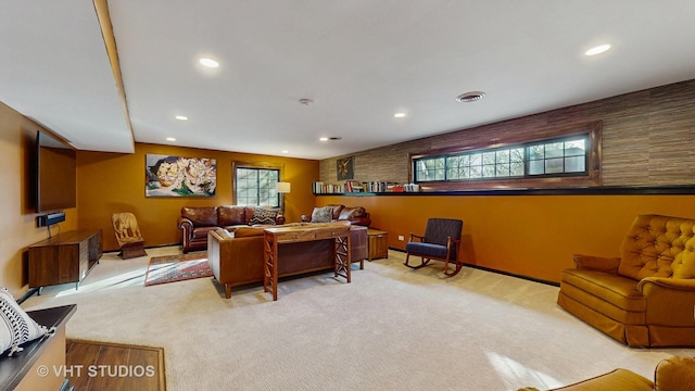 living room with light colored carpet