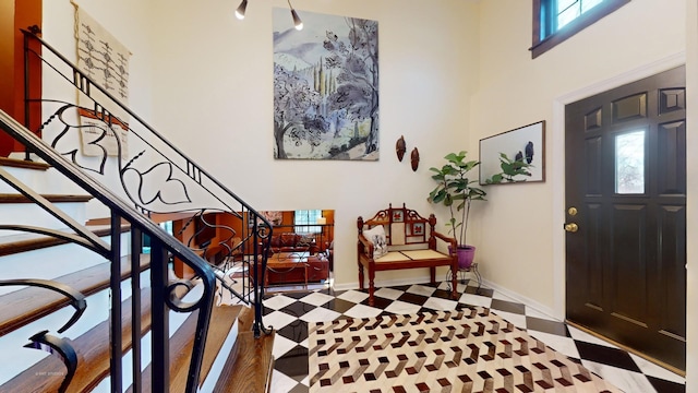 foyer with hardwood / wood-style floors and a towering ceiling