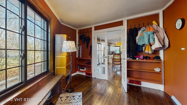 interior space with ornamental molding, plenty of natural light, and dark wood-type flooring