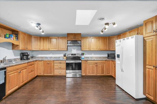 kitchen featuring sink, a skylight, dark hardwood / wood-style floors, range hood, and stainless steel appliances