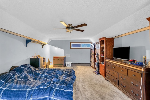 bedroom with light carpet, vaulted ceiling, ceiling fan, baseboard heating, and a textured ceiling