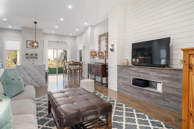 living room with dark hardwood / wood-style floors