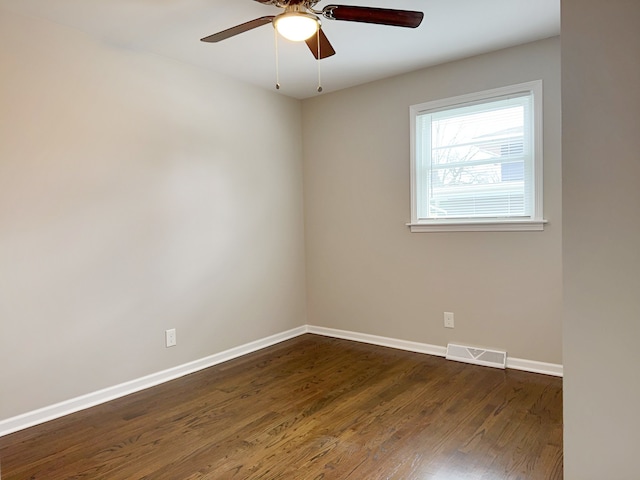 unfurnished room featuring ceiling fan and dark wood-type flooring