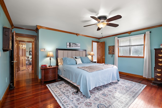 bedroom featuring ceiling fan, dark hardwood / wood-style floors, and ornamental molding