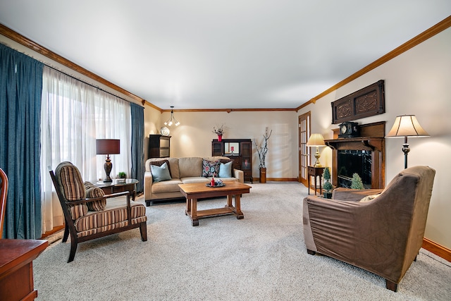 carpeted living room featuring crown molding