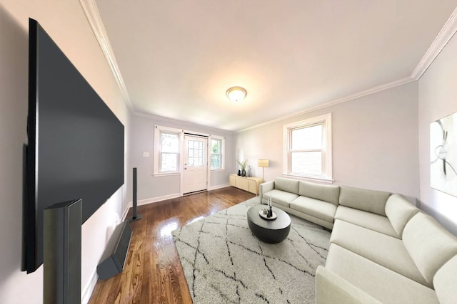 living room with dark hardwood / wood-style floors and ornamental molding